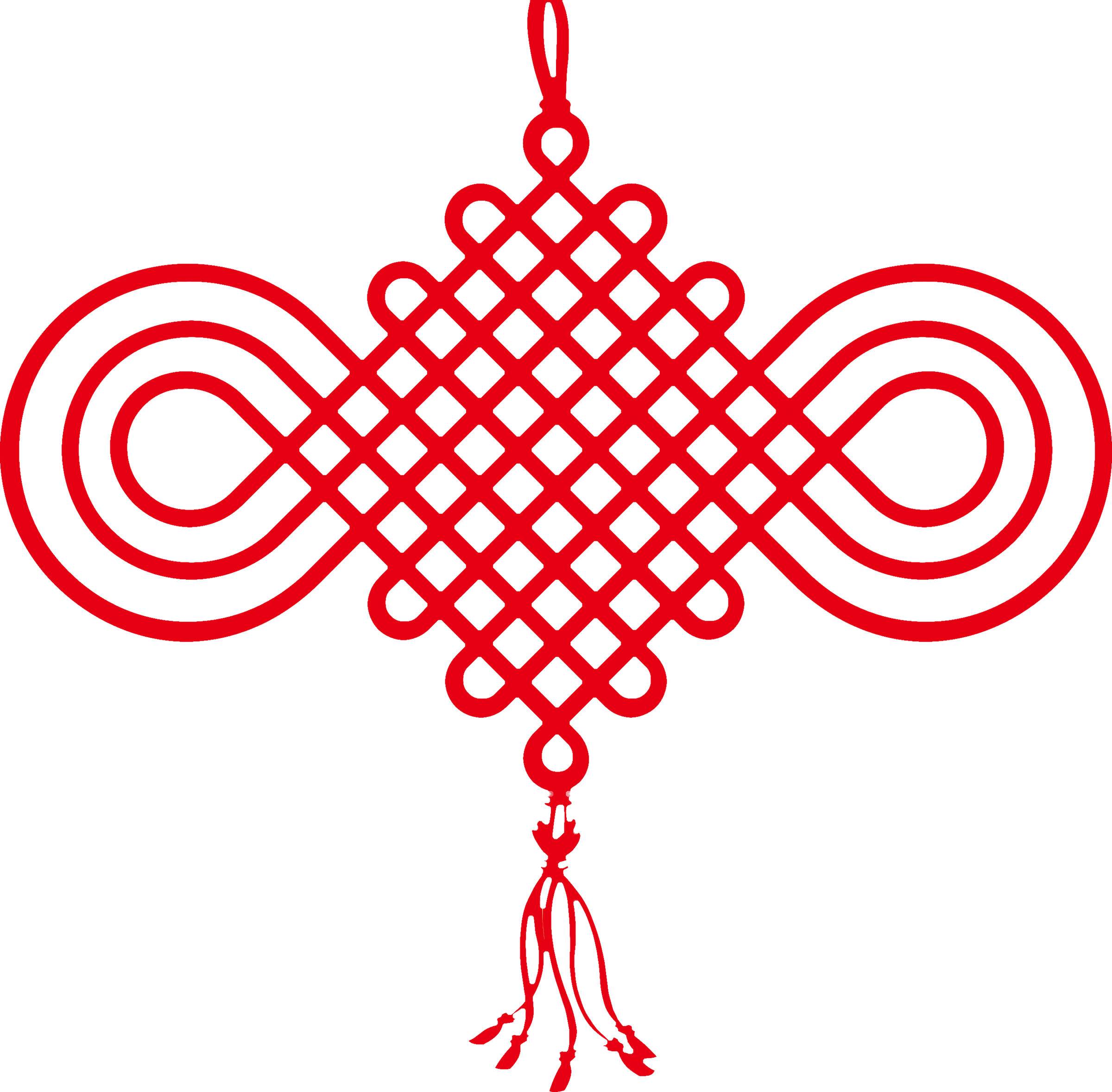 A wide red lattice with generous side loops and a small loose fringe.