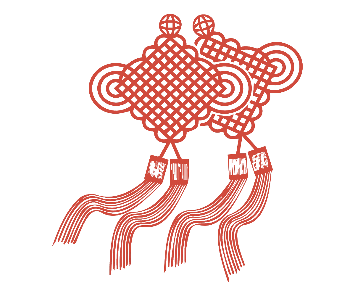 Two interlaced knot silhouettes with long ribbon-like strands below.