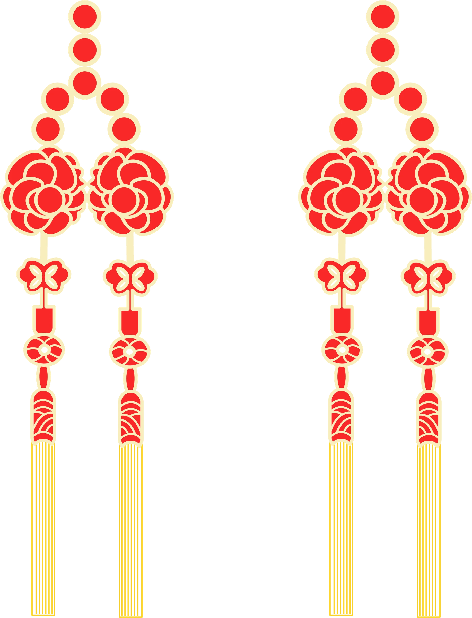 Two decorated red pendants combine bead-like details and pale-gold tassels.