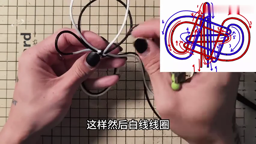Step 11: Follow each colour through the centre — 御守结 / 绶带结